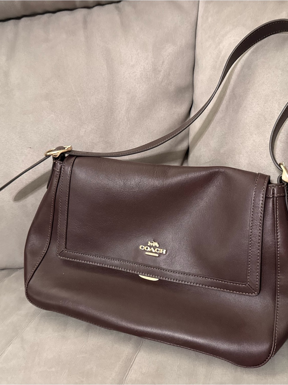 Coach Dark Brown Leather Shoulder Bag with Gold Hardware